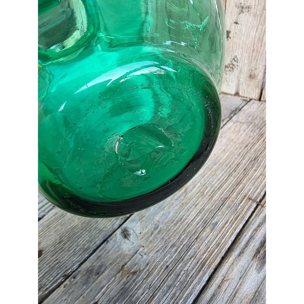 Vintage Emerald Green Hand Blown Glass Pitcher Optic Rib Mid Century Modern 15